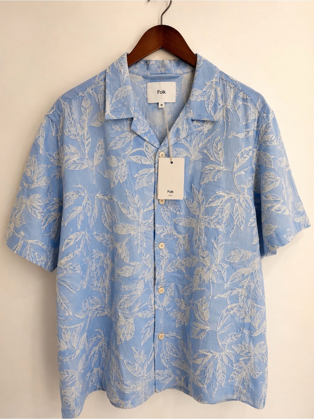 Folk London Linen Blend Camp Collar Shirt Men’s M NWT Sky Blue Leaf Print